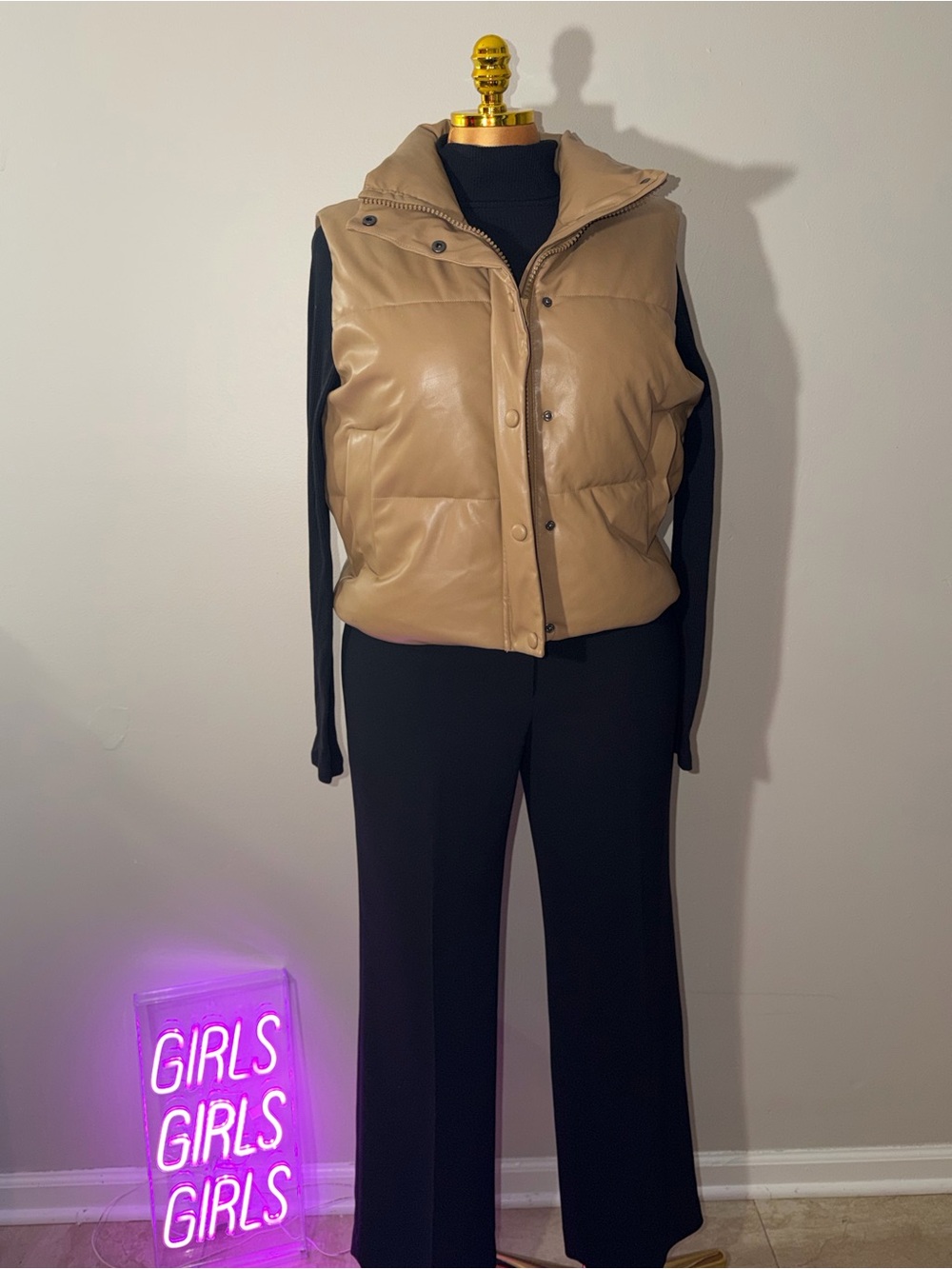 Women's Tan Quilted Puffer Vest with High Collar